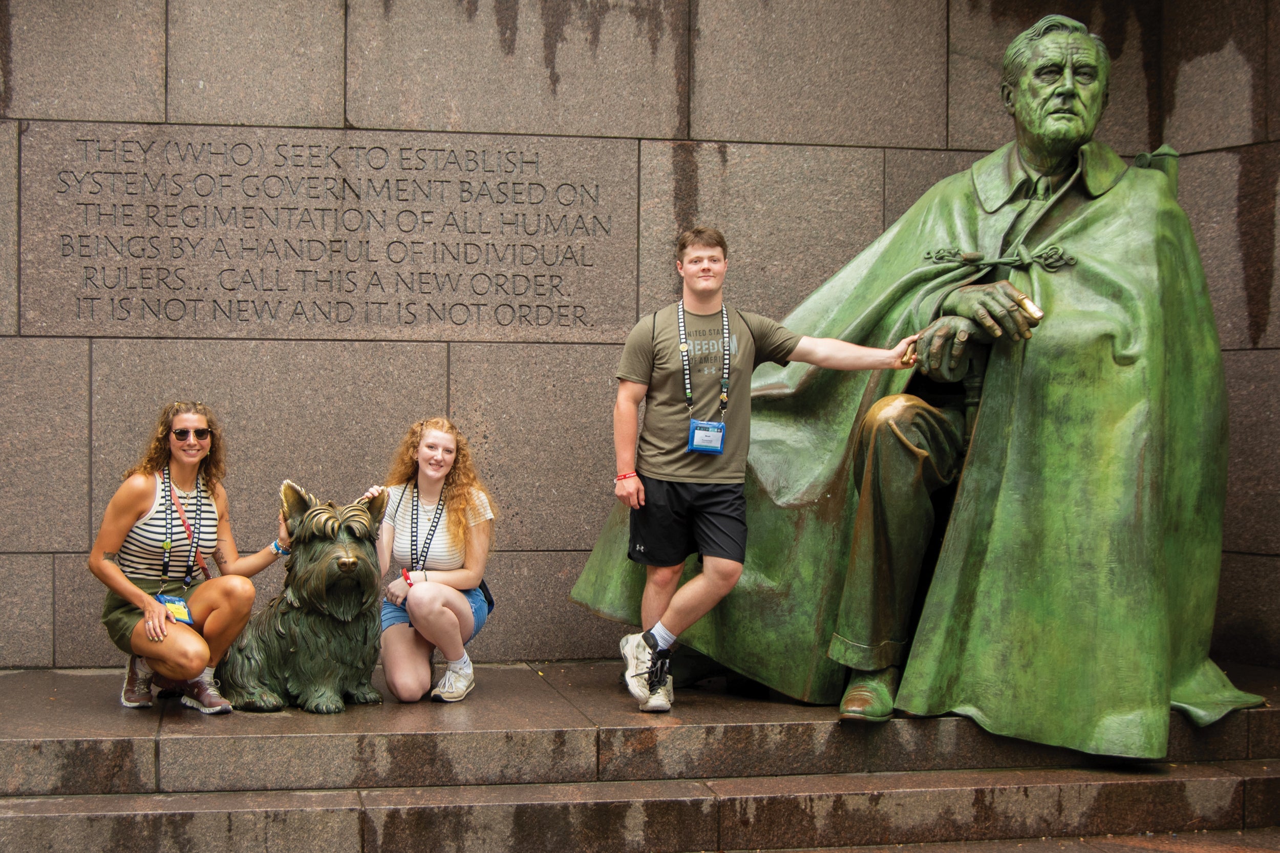 From left, chaperone Sarah Parrish and students Emily Lewis and Noah Rakestraw, all representing Sullivan County Rural Electric Cooperative, visit the Franklin Delano Roosevelt Memorial.