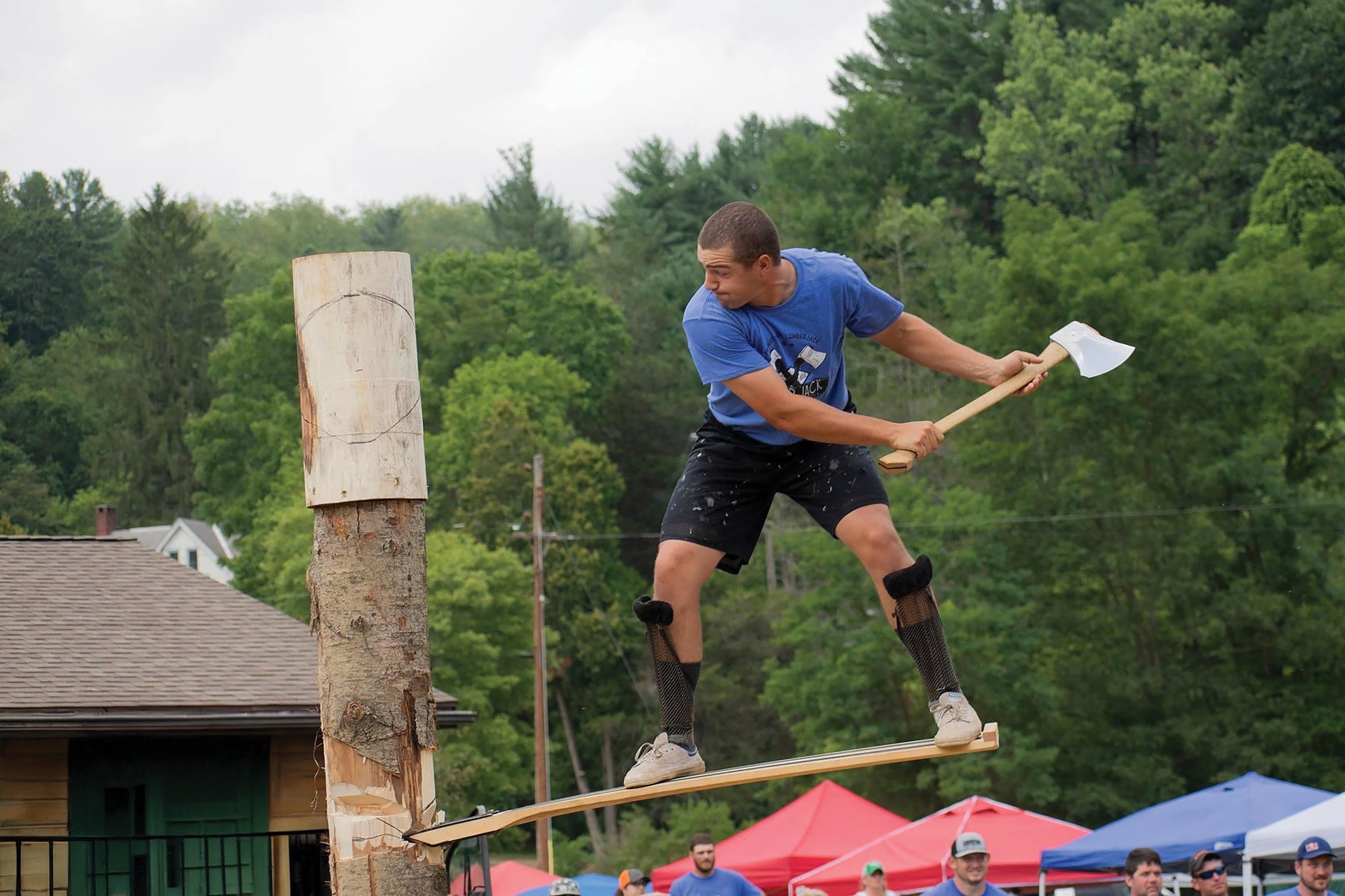 A competitor at the Pennsylvania lumberjack championships and outdoor show in Bedford County attempts to make the cut.