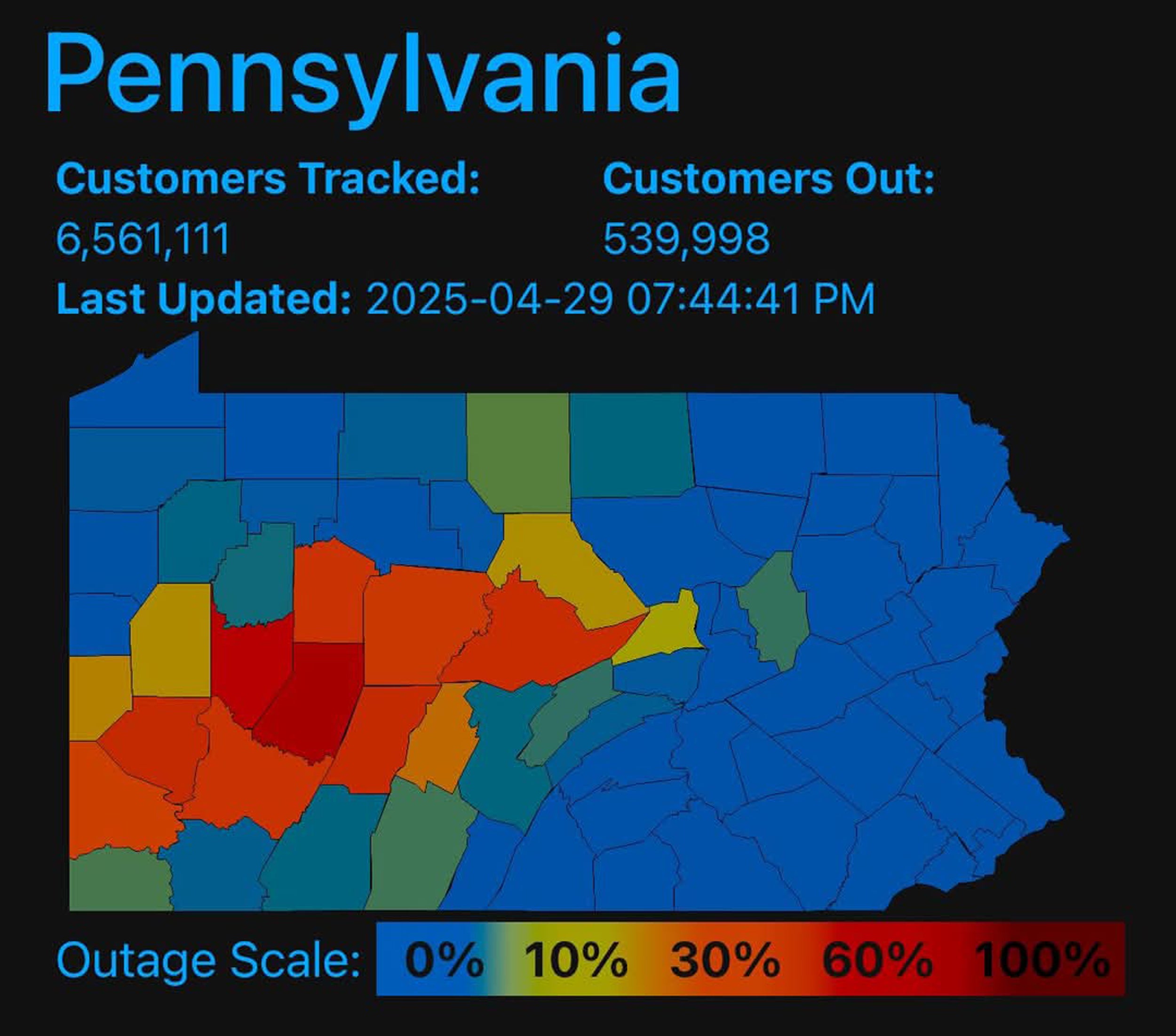 map of outages across Pennsylvania following summer storms