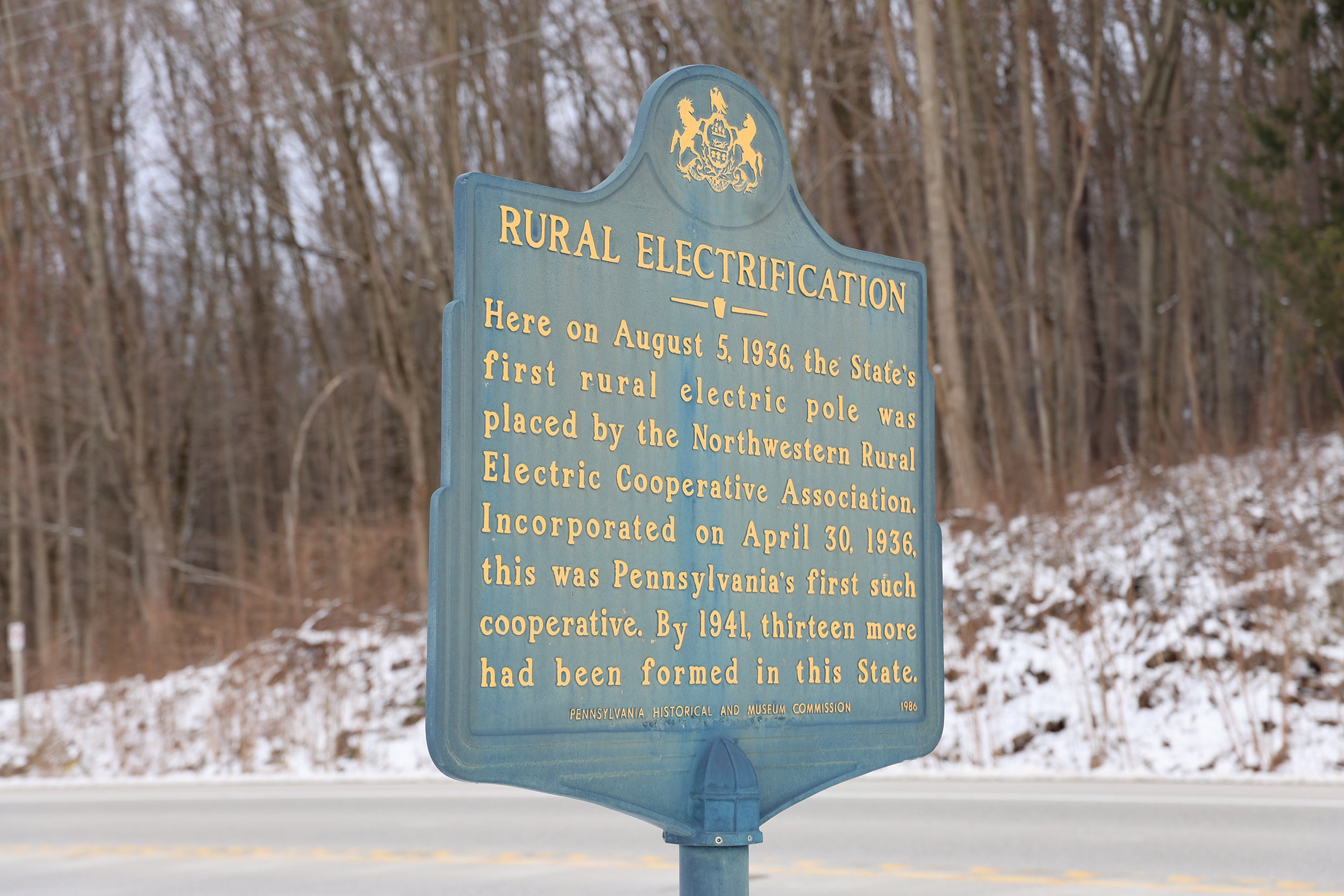 Northwestern Rural Electric Cooperative, the first of its kind in Pennsylvania, is recognized near Meadville with a historical marker celebrating the placement of the first co-op pole in 1936.